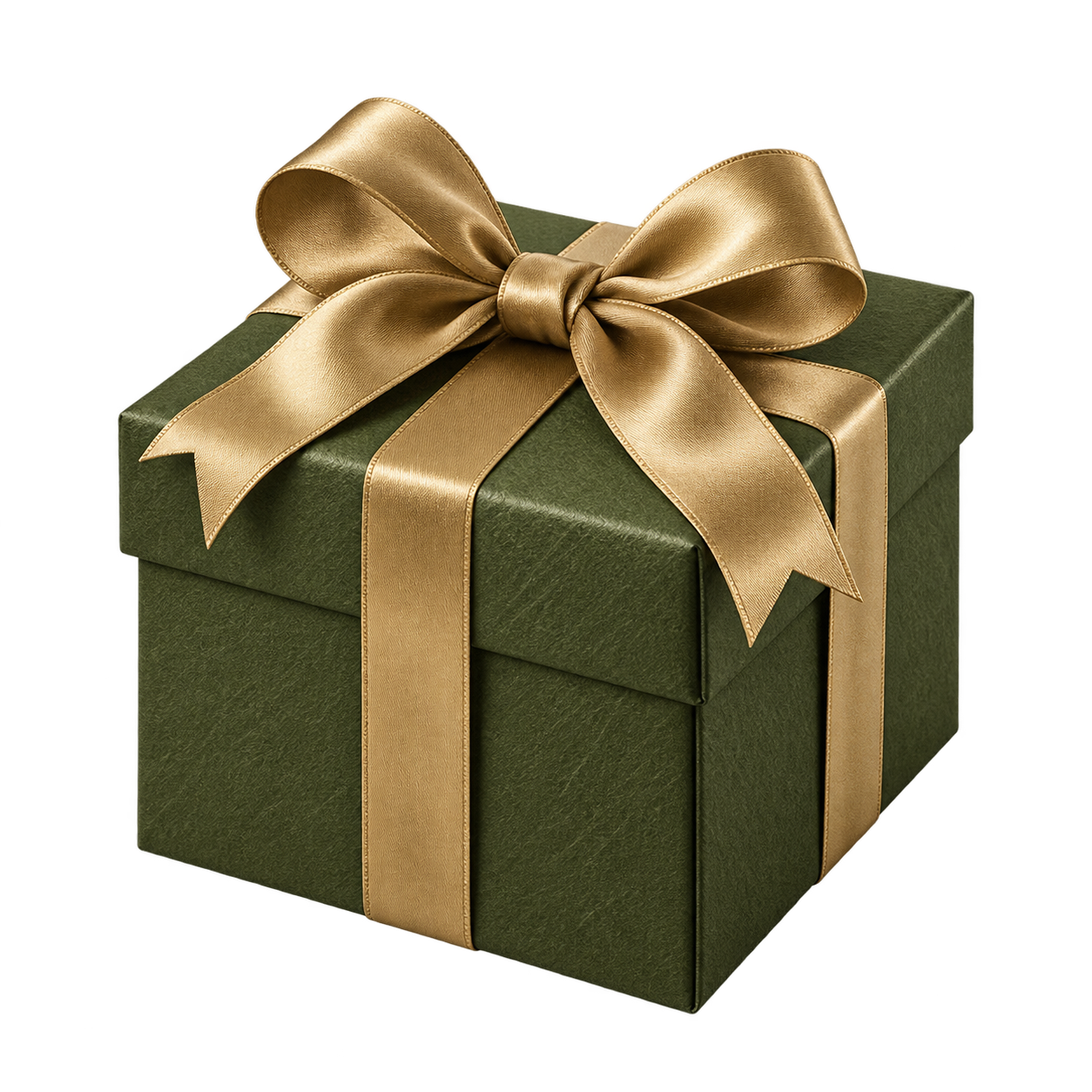 Un cadeau vert olive noué d’un ruban doré